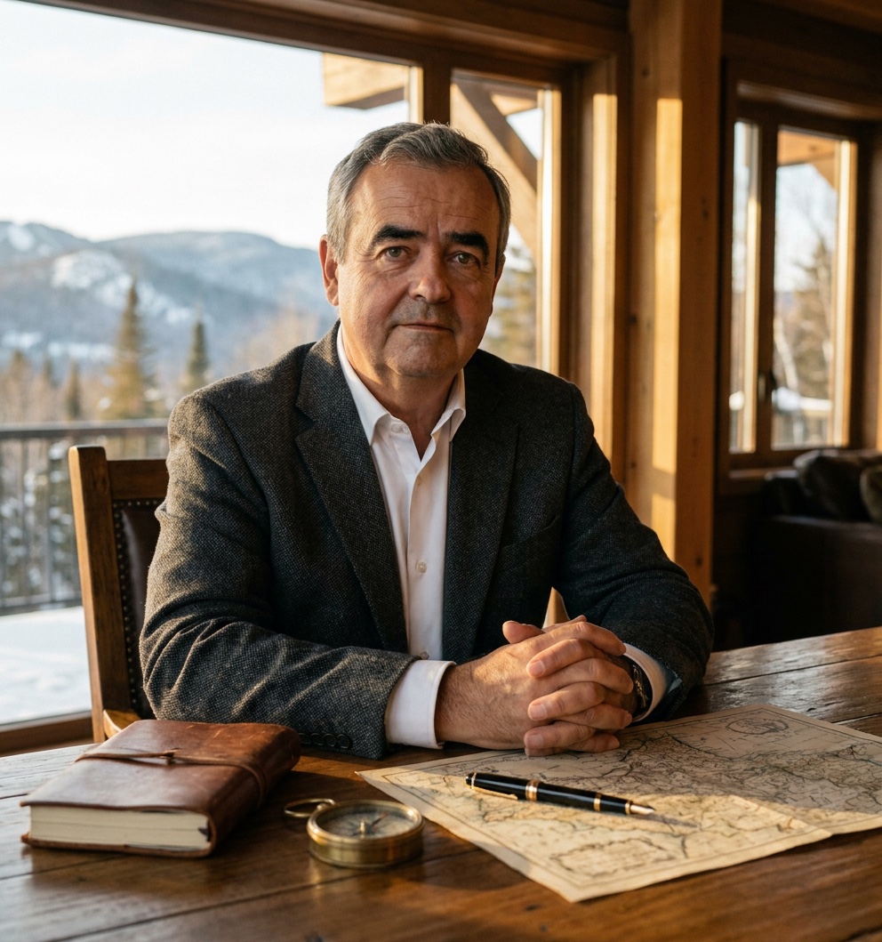 Pierre Senez assis devant une carte et une boussole