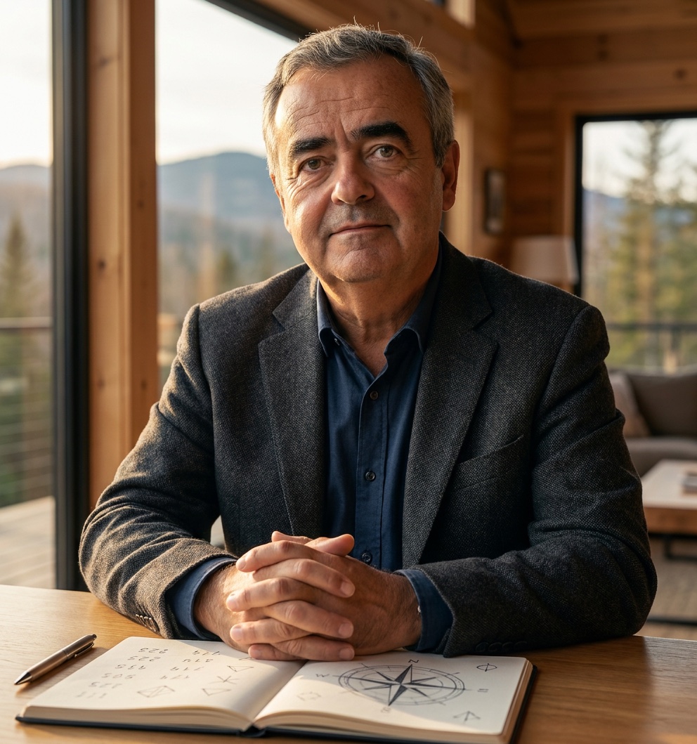 Pierre Senez à table dans un chalet des Laurentides